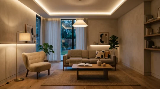 Contemporary living room demonstrating layered lighting design with multiple light sources creating depth and eliminating harsh shadows