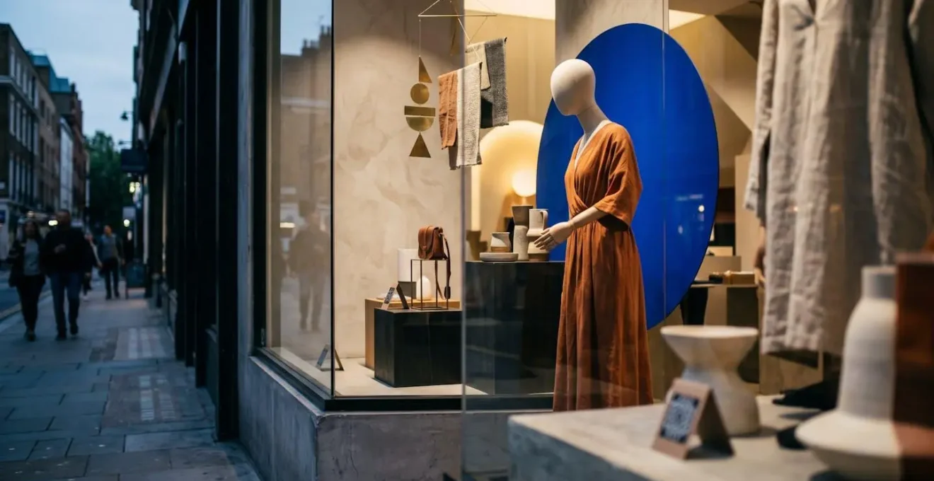Multi-layered retail window display designed for pedestrian viewing at different distances