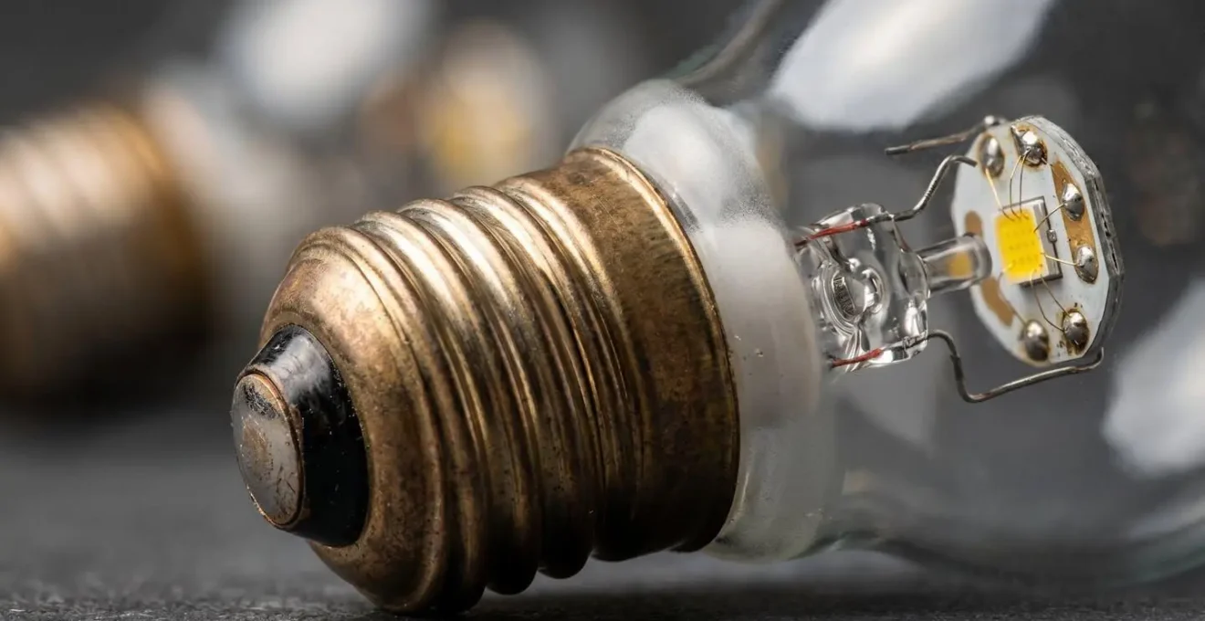 Macro photograph of an LED bulb base showing technical detail and precision engineering without any visible text or branding