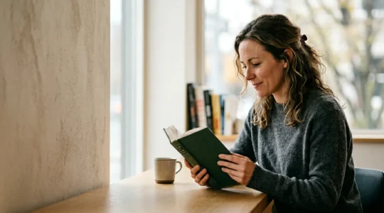 Focused reader engaging with non-fiction books while balancing full-time work commitments