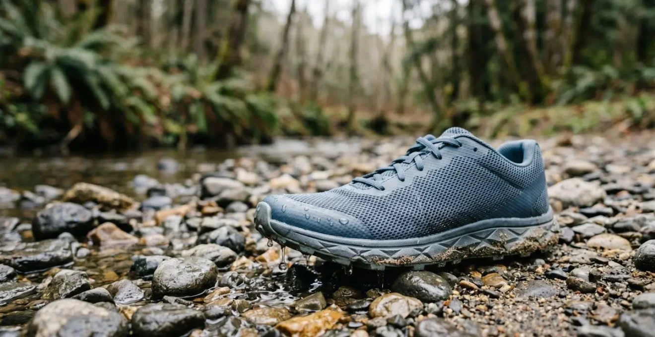 Environmental shot of mesh trail running shoe immediately after creek crossing showing water drainage and quick-dry properties