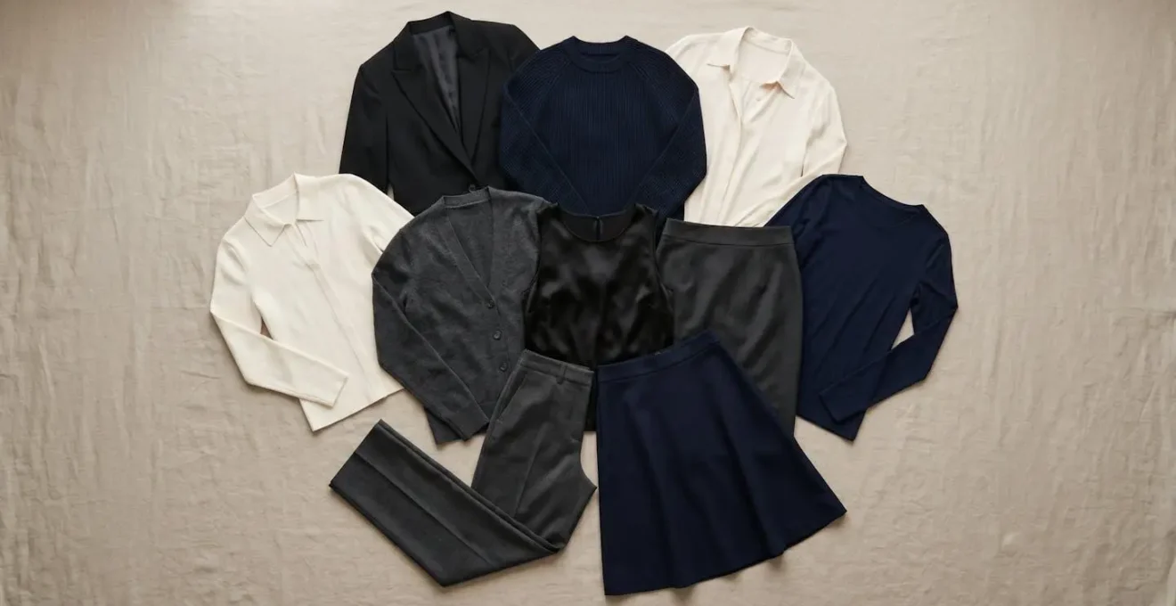 Versatile minimalist professional clothing pieces arranged to demonstrate interchangeable capsule wardrobe system