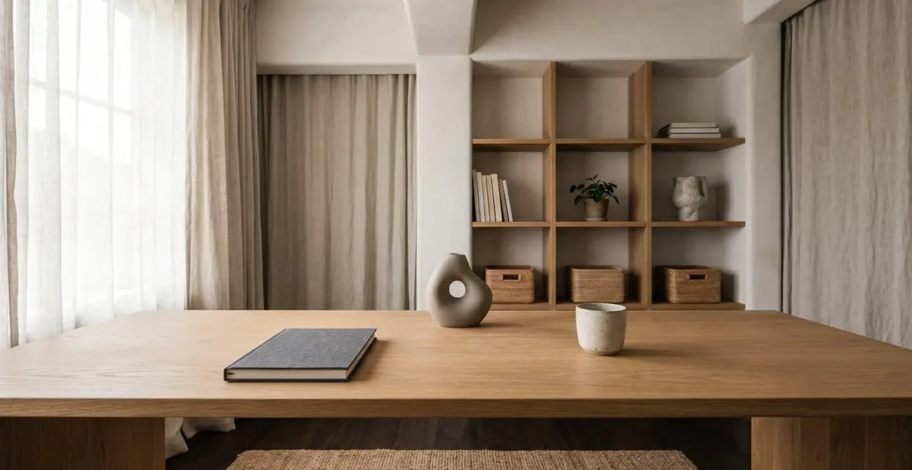 Minimalist workspace designed for deep focus with natural lighting and intentional negative space