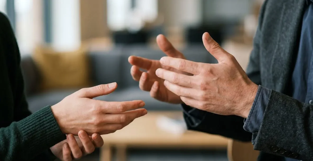 Two hands in subtle mirroring gesture during professional conversation