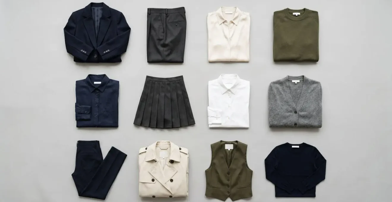 A carefully curated capsule wardrobe of interchangeable professional pieces displayed in a minimalist flat lay composition showing tonal coordination