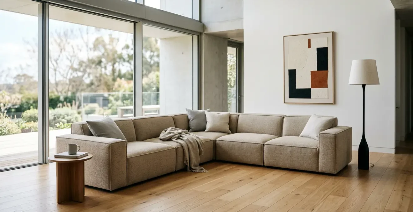 Modern modular sofa configuration showcasing flexible seating arrangement in contemporary living space