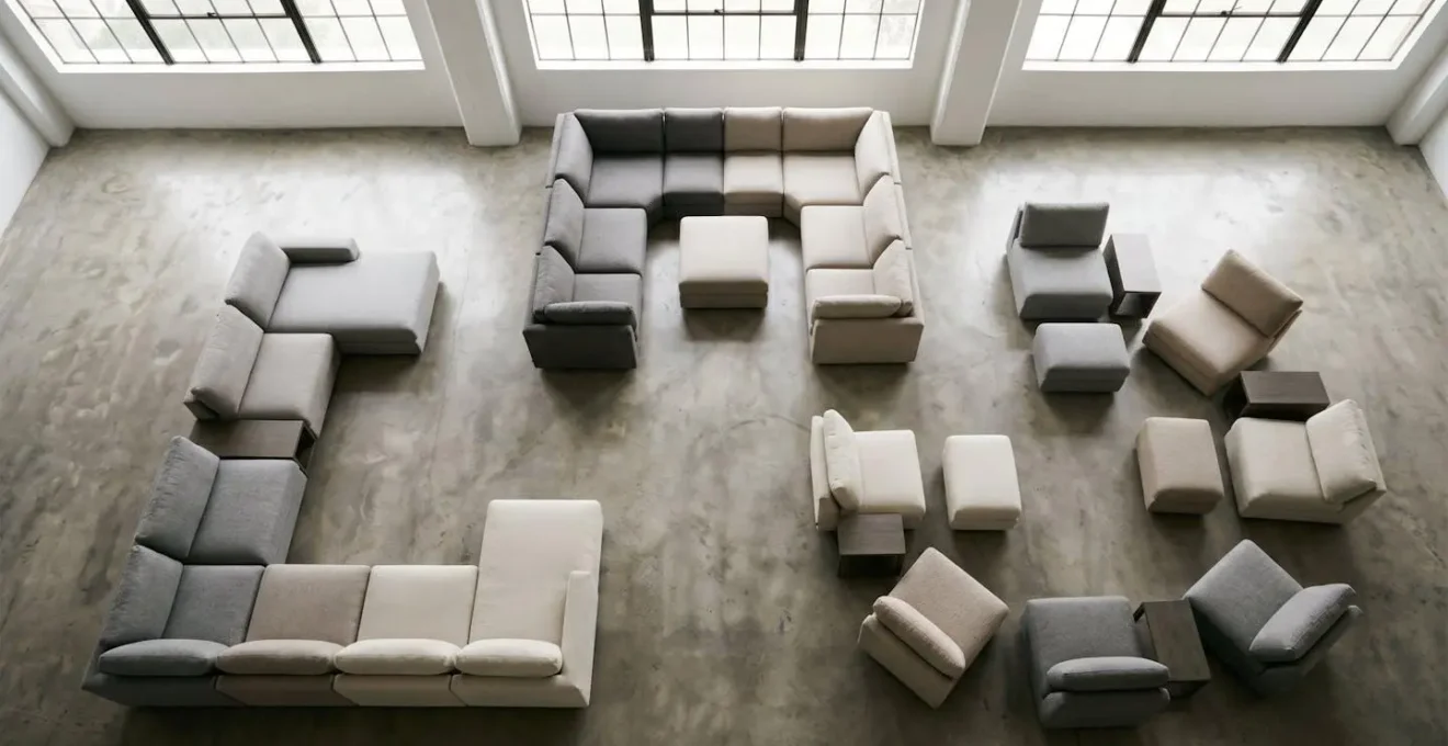 Overhead view showing modular sofa pieces arranged in multiple configurations demonstrating flexibility
