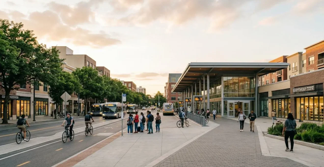 Wide-angle view of modern urban transit hub with surrounding mixed-use development and pedestrian activity