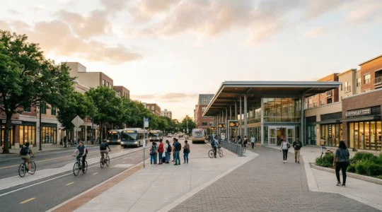 Wide-angle view of modern urban transit hub with surrounding mixed-use development and pedestrian activity