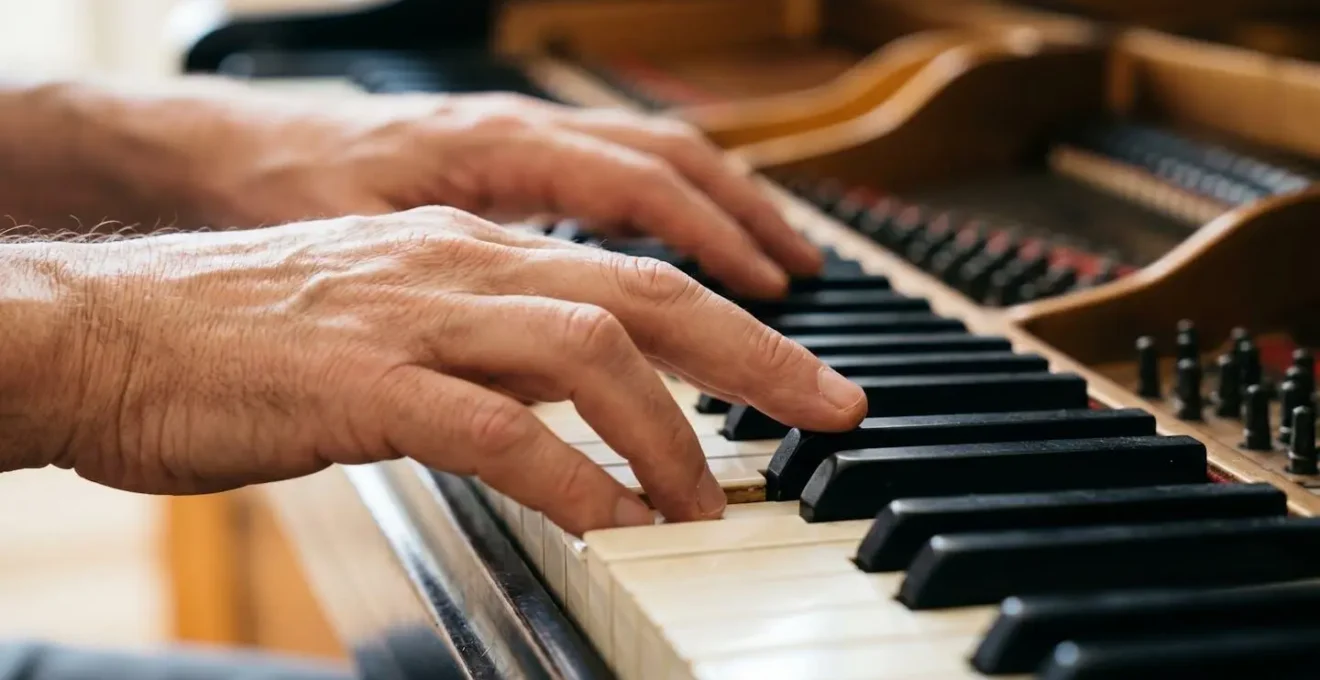 Close-up of hands positioned on piano keys demonstrating fine motor coordination and multisensory engagement