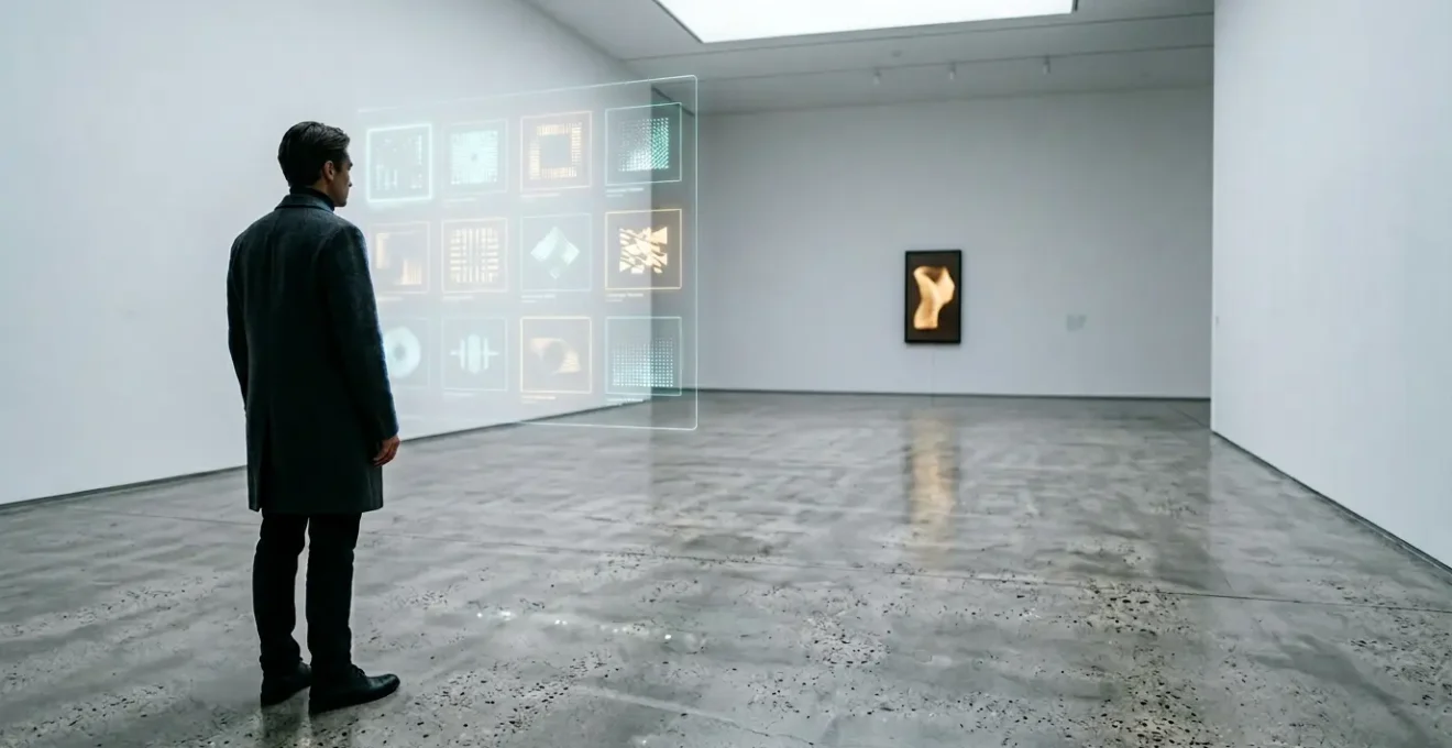 Professional digital art collector examining NFT marketplace on transparent holographic display in modern minimalist gallery space