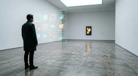 Professional digital art collector examining NFT marketplace on transparent holographic display in modern minimalist gallery space