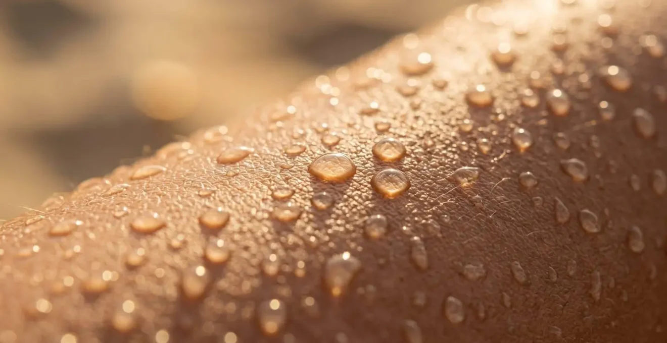 Close-up of water droplets on skin showing hydration and moisture barrier