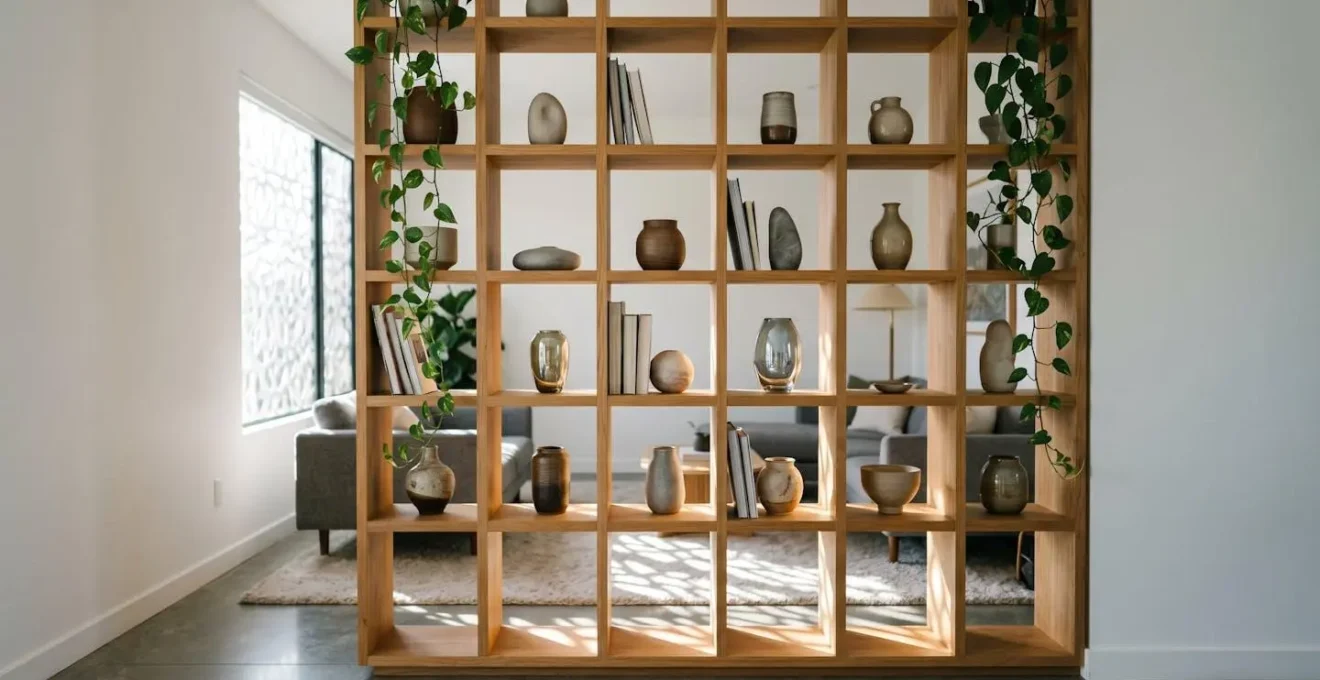 An open-backed bookshelf room divider allowing natural light to filter through while creating spatial separation in a studio apartment