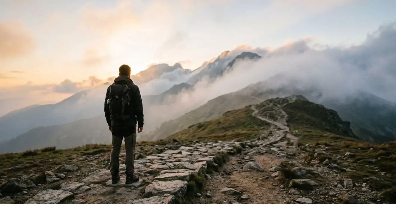 A person standing at the base of a mountain trail, looking upward with determination, symbolizing the beginning of a challenging learning journey