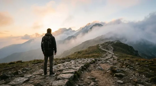 A person standing at the base of a mountain trail, looking upward with determination, symbolizing the beginning of a challenging learning journey