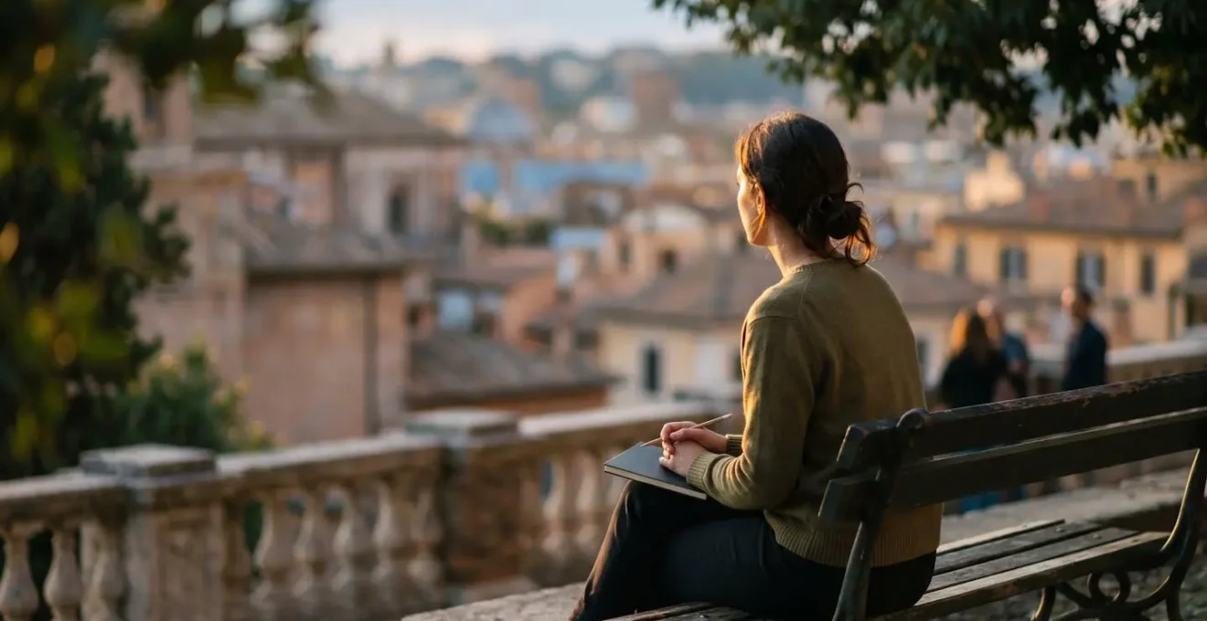 Single traveler experiencing quiet contemplative moment in urban setting with warm atmospheric light