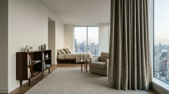 Serene modern apartment interior showcasing soundproofing elements without renovation