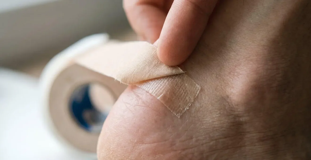 Macro close-up of athletic tape application on heel area showing protective layer for blister prevention