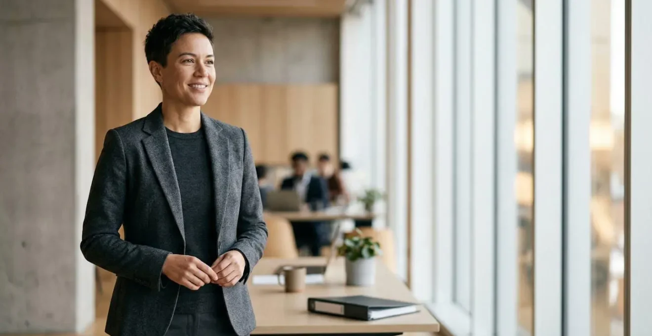 A confident professional in a well-tailored blazer standing in a modern minimalist office with natural lighting, embodying authority and personal style