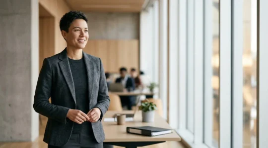 A confident professional in a well-tailored blazer standing in a modern minimalist office with natural lighting, embodying authority and personal style