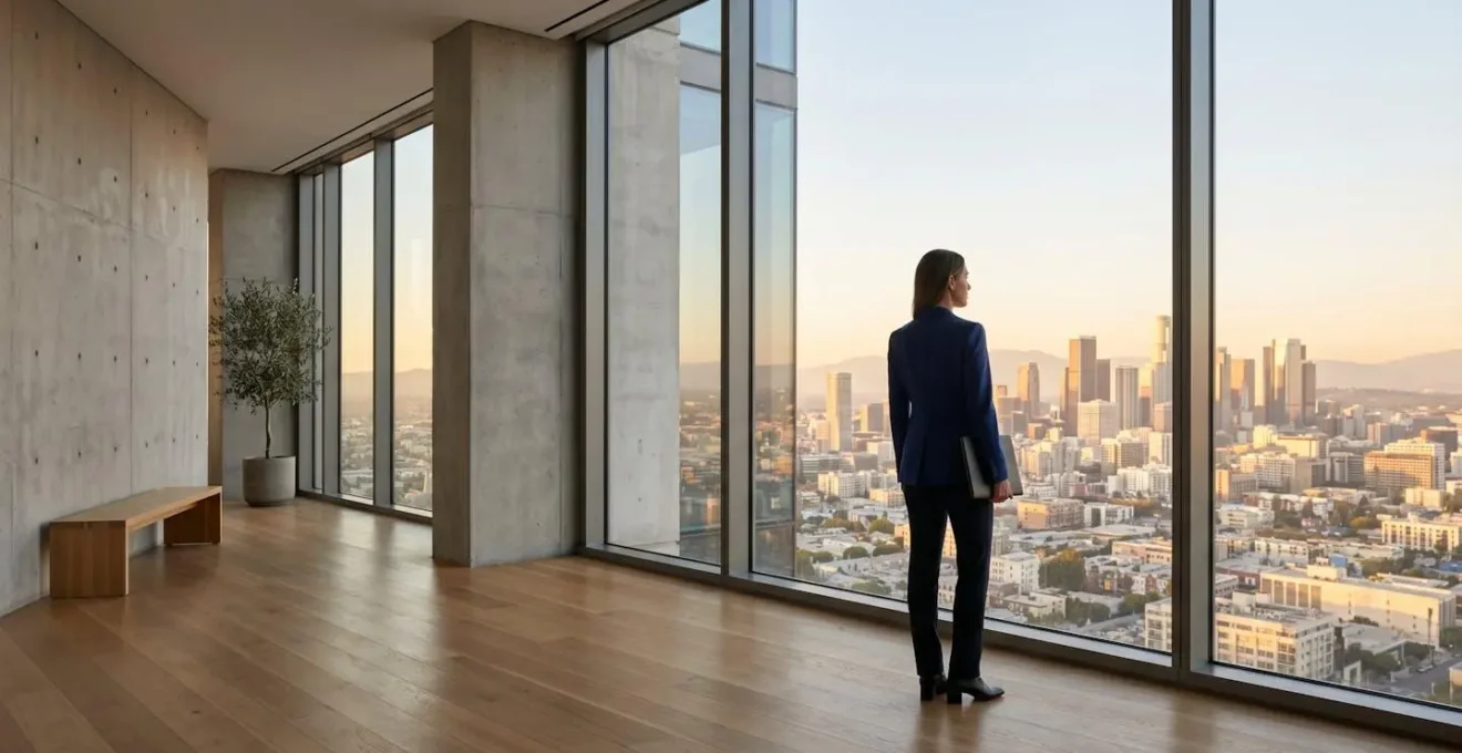 Wide environmental shot of a professional workspace showcasing how tailored clothing creates confident body language and commanding presence