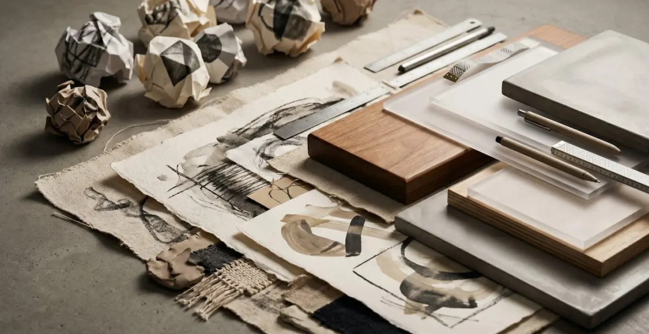 Abstract visual representation of iterative creative refinement process with layered textures and flowing compositional elements
