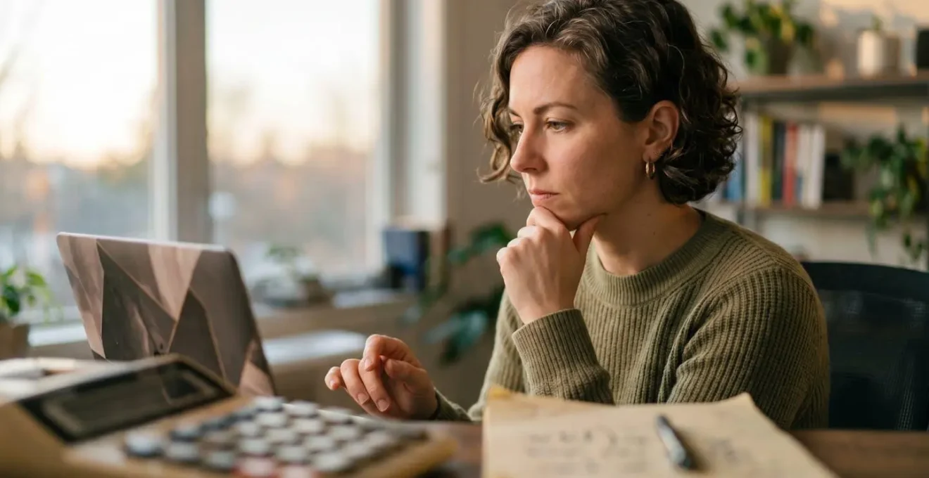 Freelancer conducting quarterly financial review with year-to-date income tracking and retirement contribution calculations spread across desk
