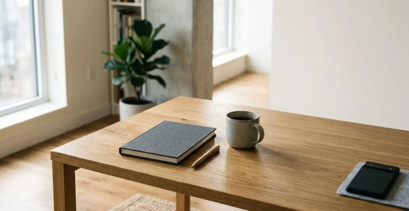 A minimalist workspace bathed in natural light with subtle signs of focused work and intentional disconnection