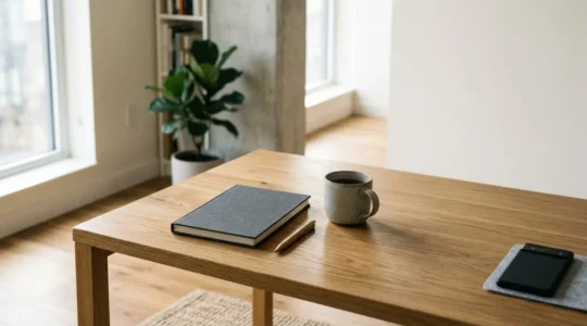 A minimalist workspace bathed in natural light with subtle signs of focused work and intentional disconnection