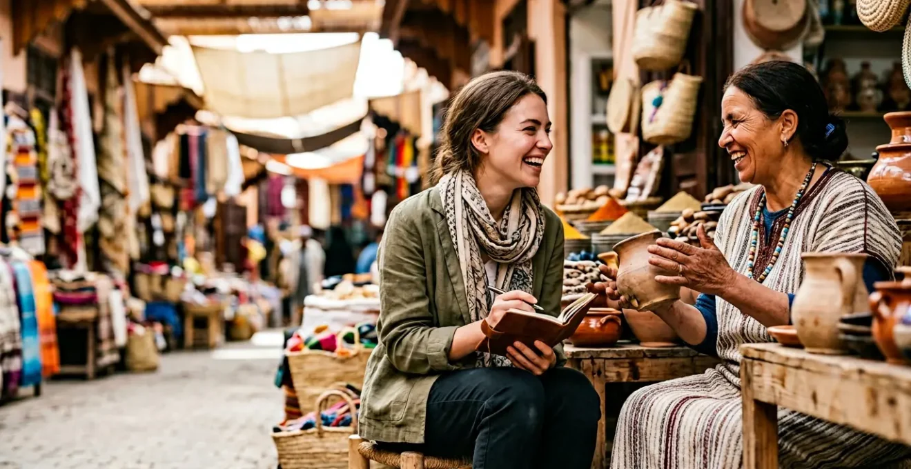 Respectful cultural exchange between traveler and local community member in authentic setting
