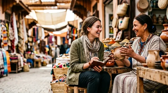 Respectful cultural exchange between traveler and local community member in authentic setting