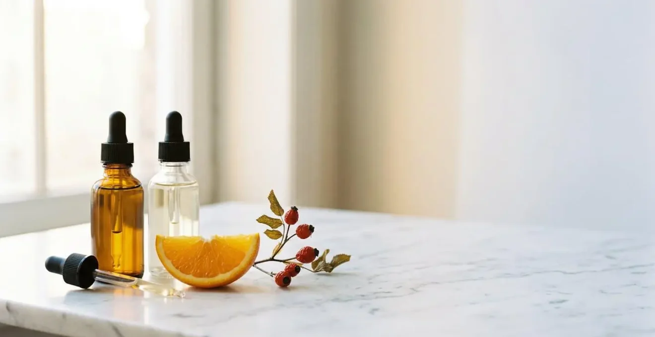 Close-up editorial photograph of skincare ingredients in natural morning light