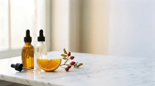 Close-up editorial photograph of skincare ingredients in natural morning light
