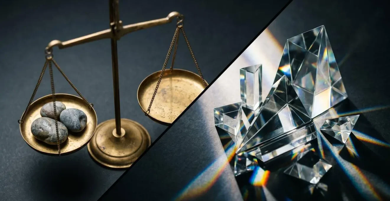 Visual metaphor contrasting investment risk profiles through balanced composition of stable stones and volatile prisms
