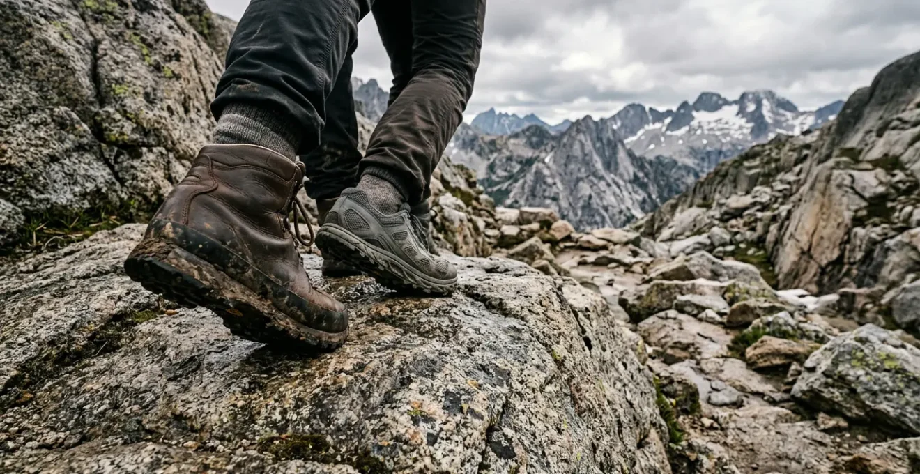 Close-up of hiking footwear navigating rocky terrain showcasing ankle support and sole grip on natural stone surface