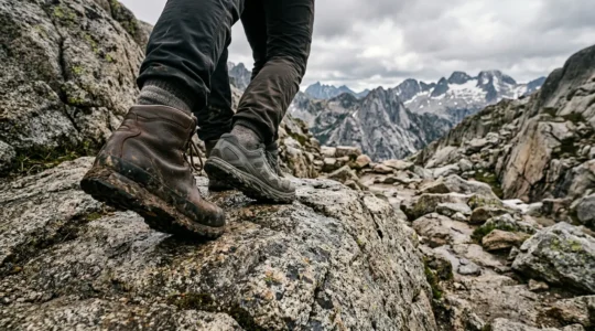 Close-up of hiking footwear navigating rocky terrain showcasing ankle support and sole grip on natural stone surface