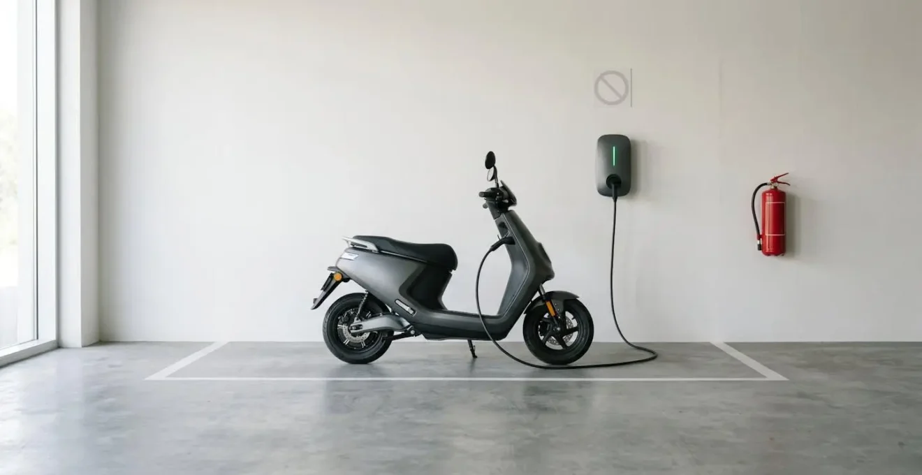 Minimalist charging station setup showing safety-compliant e-scooter battery charging area