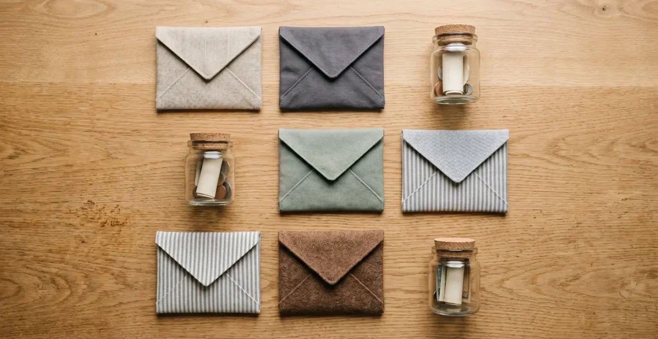 Multiple savings compartments or envelopes labeled for different expense categories on wooden surface