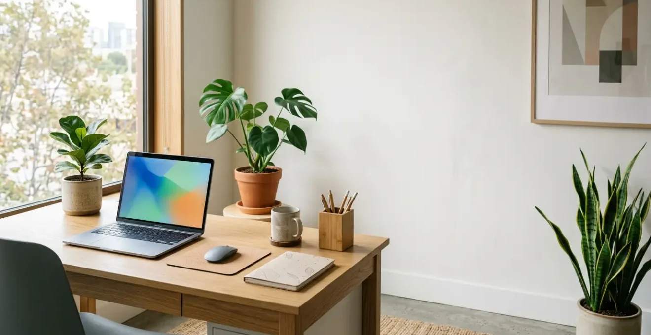 Professional workspace showing sustainable business practices and carbon footprint measurement tools