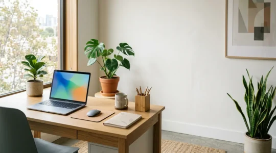 Professional workspace showing sustainable business practices and carbon footprint measurement tools