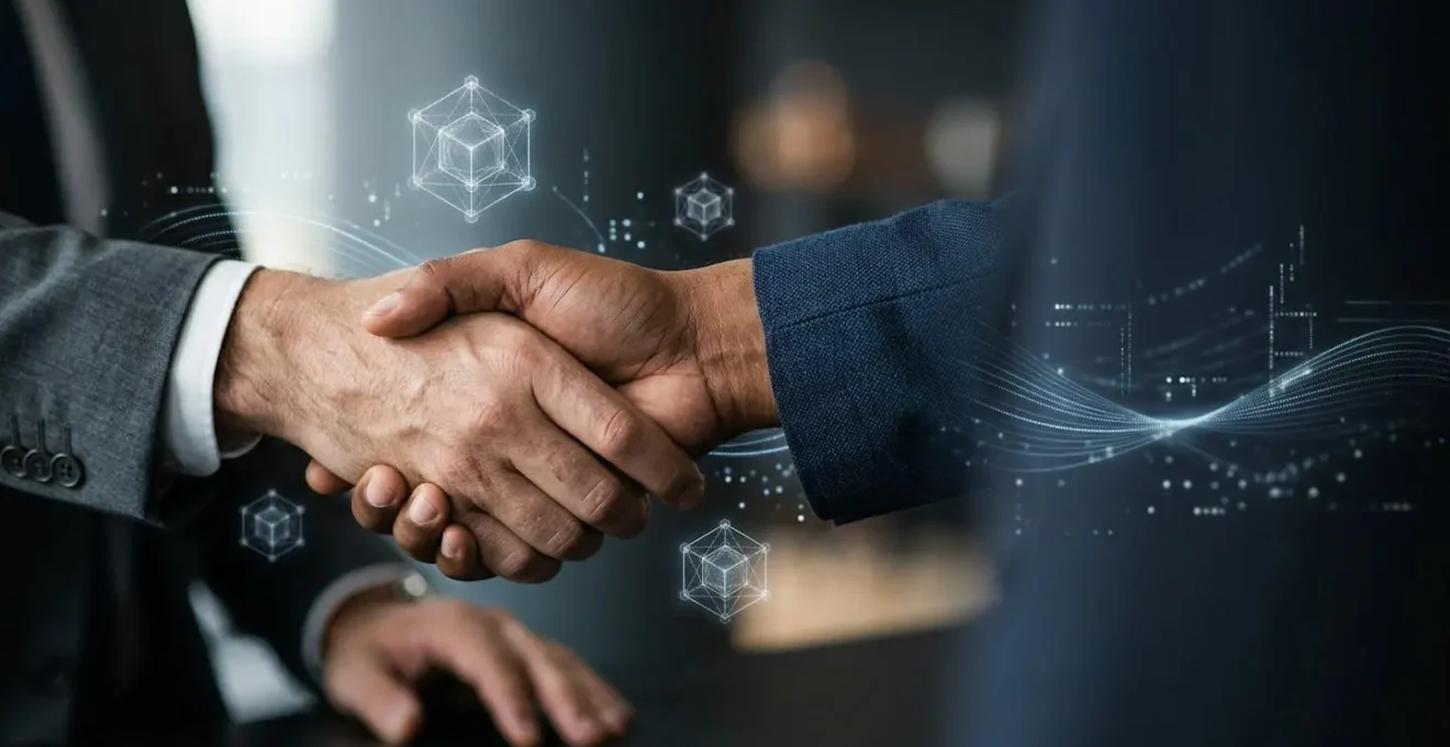 Professional editorial photograph showing a symbolic representation of decentralized digital agreements and blockchain technology