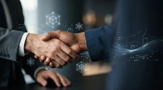 Professional editorial photograph showing a symbolic representation of decentralized digital agreements and blockchain technology