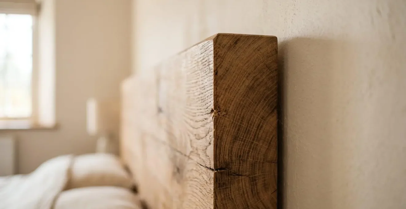 Close-up of sturdy wooden headboard against solid wall with natural textures, warm lighting creating sense of stability and protection