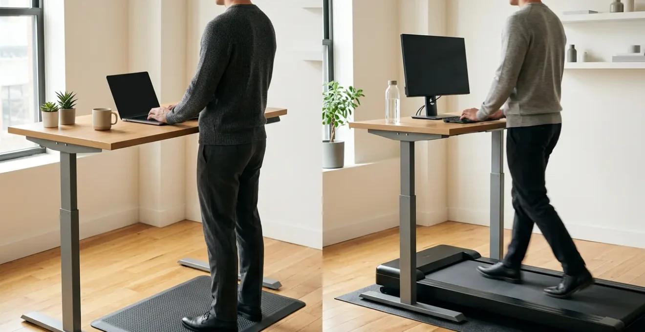 Minimalist office scene comparing standing and treadmill desk setups in natural light