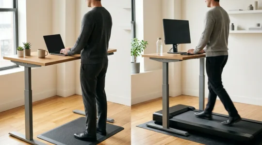 Minimalist office scene comparing standing and treadmill desk setups in natural light