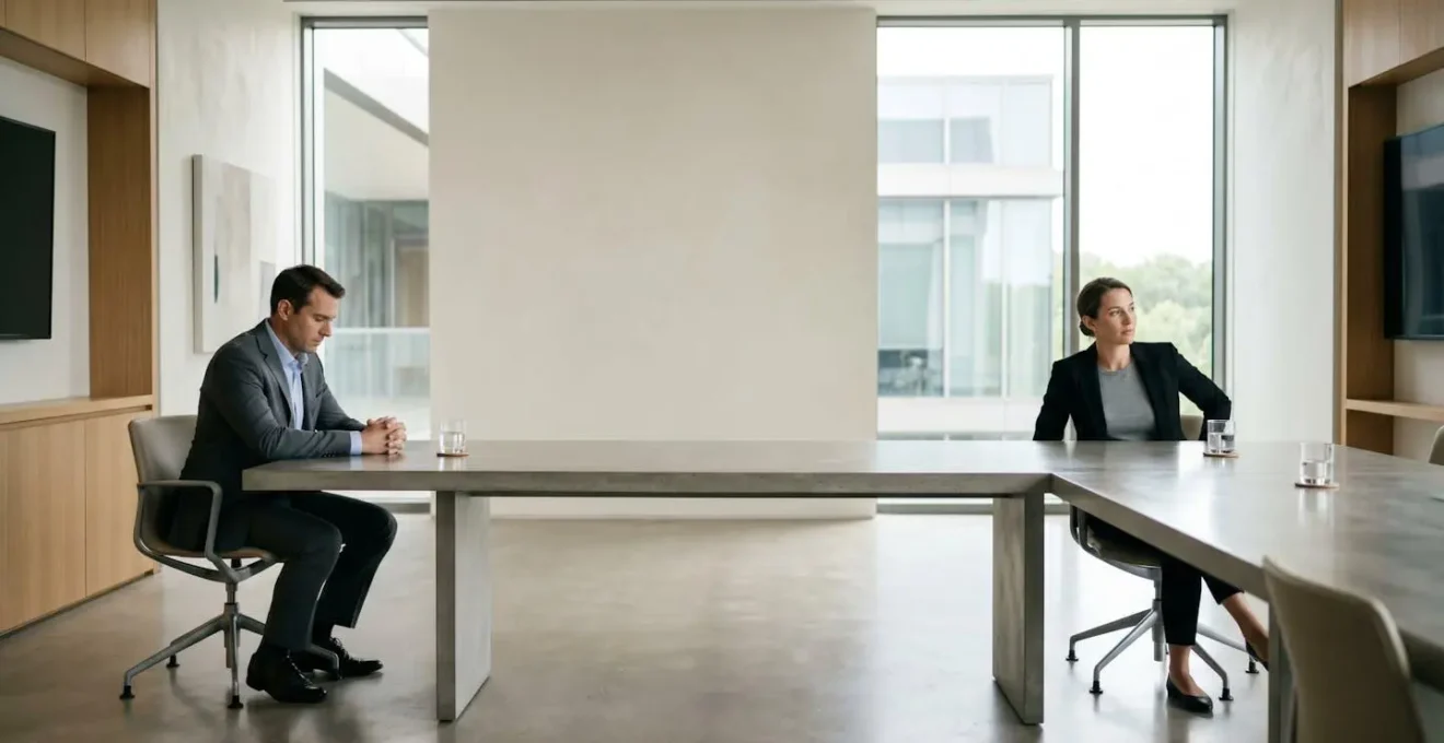Contemplative moment of silence during professional negotiation with intentional pause