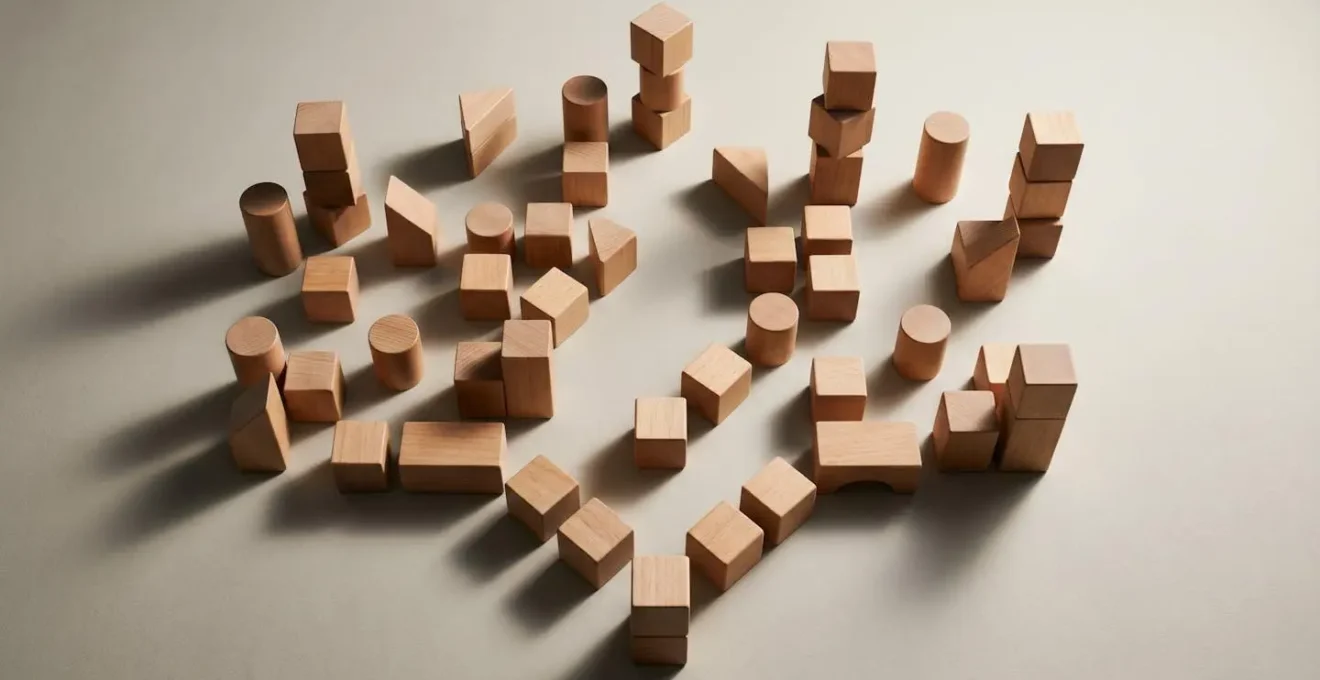 Abstract representation of strategic decision-making through carefully arranged geometric objects suggesting multiple pathways and choices