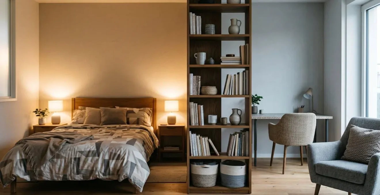 Room divider creating acoustic separation in small studio apartment