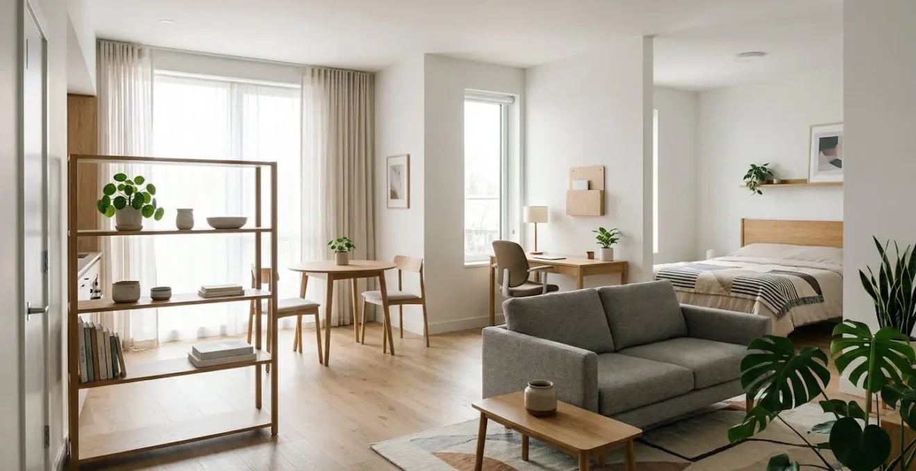 A thoughtfully zoned 400 square foot studio apartment creating distinct living and sleeping areas through strategic furniture placement